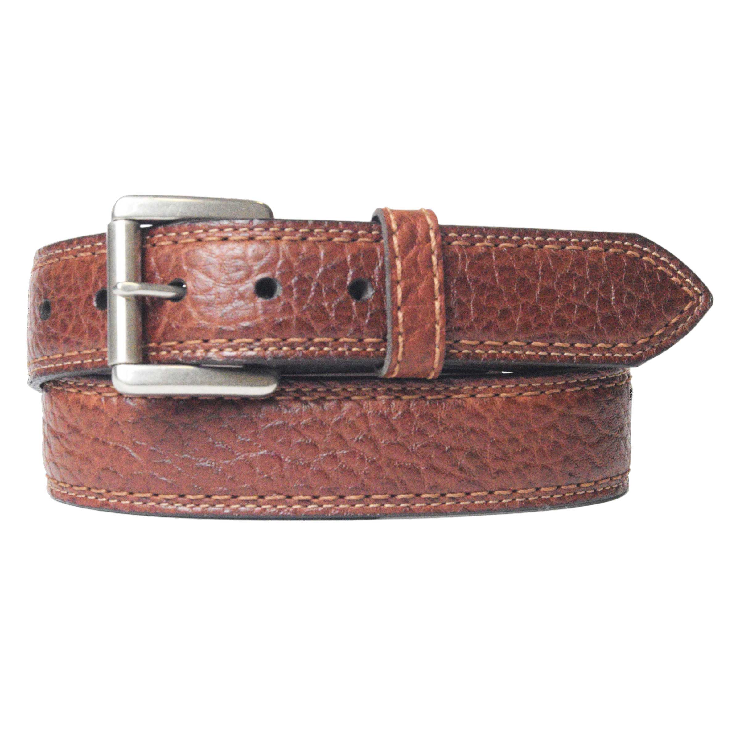 Lejon Belts men's 1.5-inch wide Boma belt with brown leather and sleek buckle design.