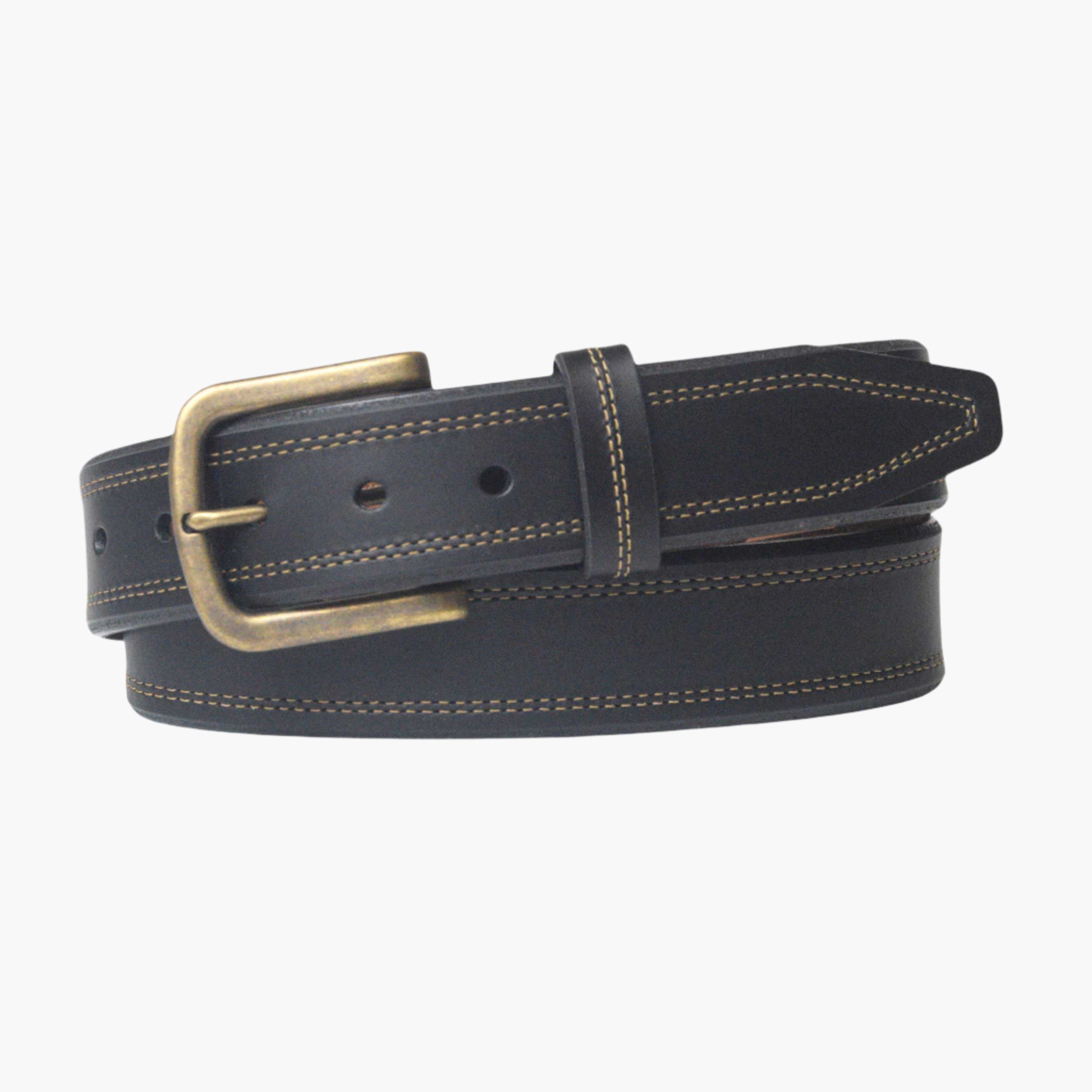 Black men's leather belt by Lejon Belts, Crusader style, 1.5-inch width, featuring a sleek and sturdy design.