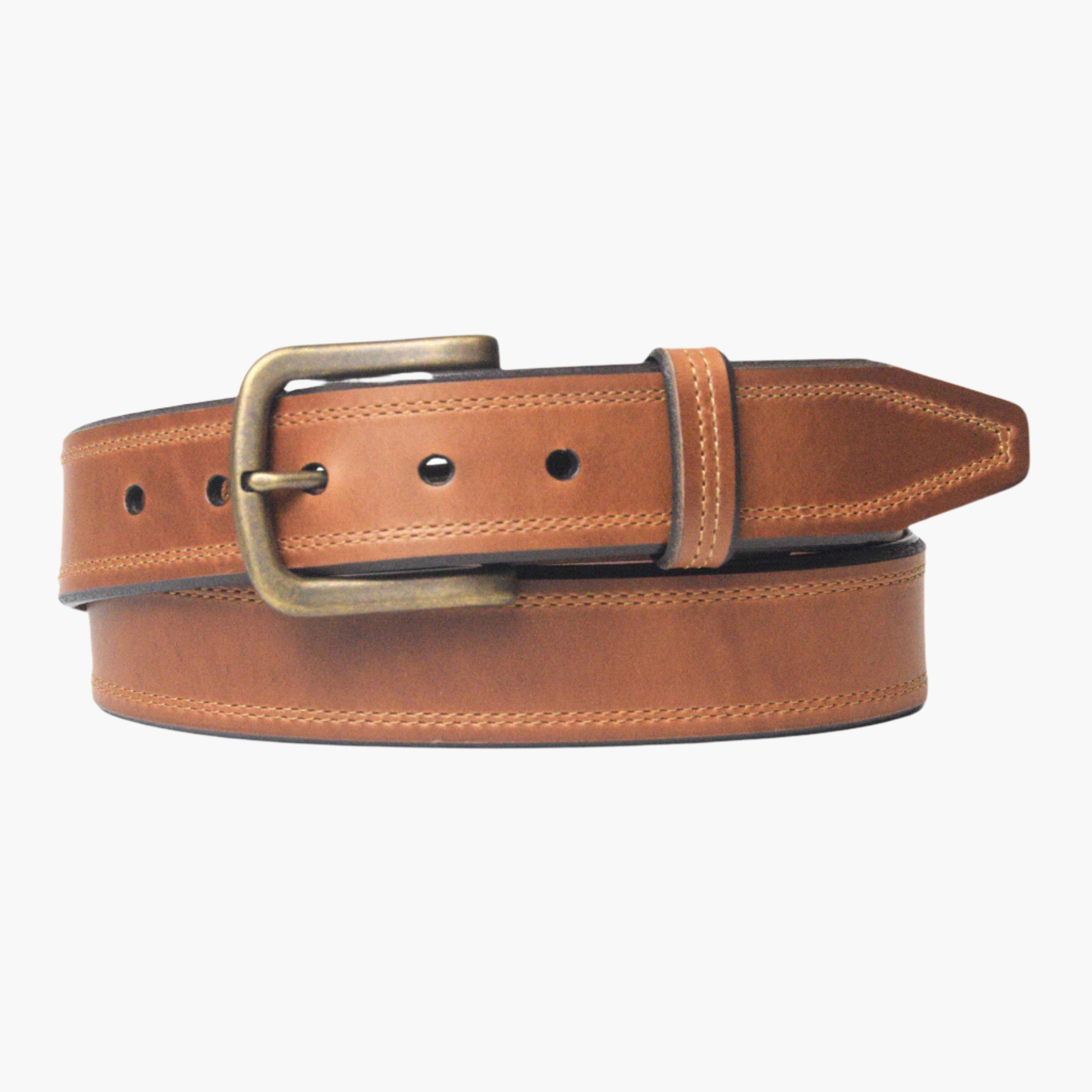 Lejon Belts Crusader men's belt in 1.5-inch width, with a cognac leather strap and classic buckle design.