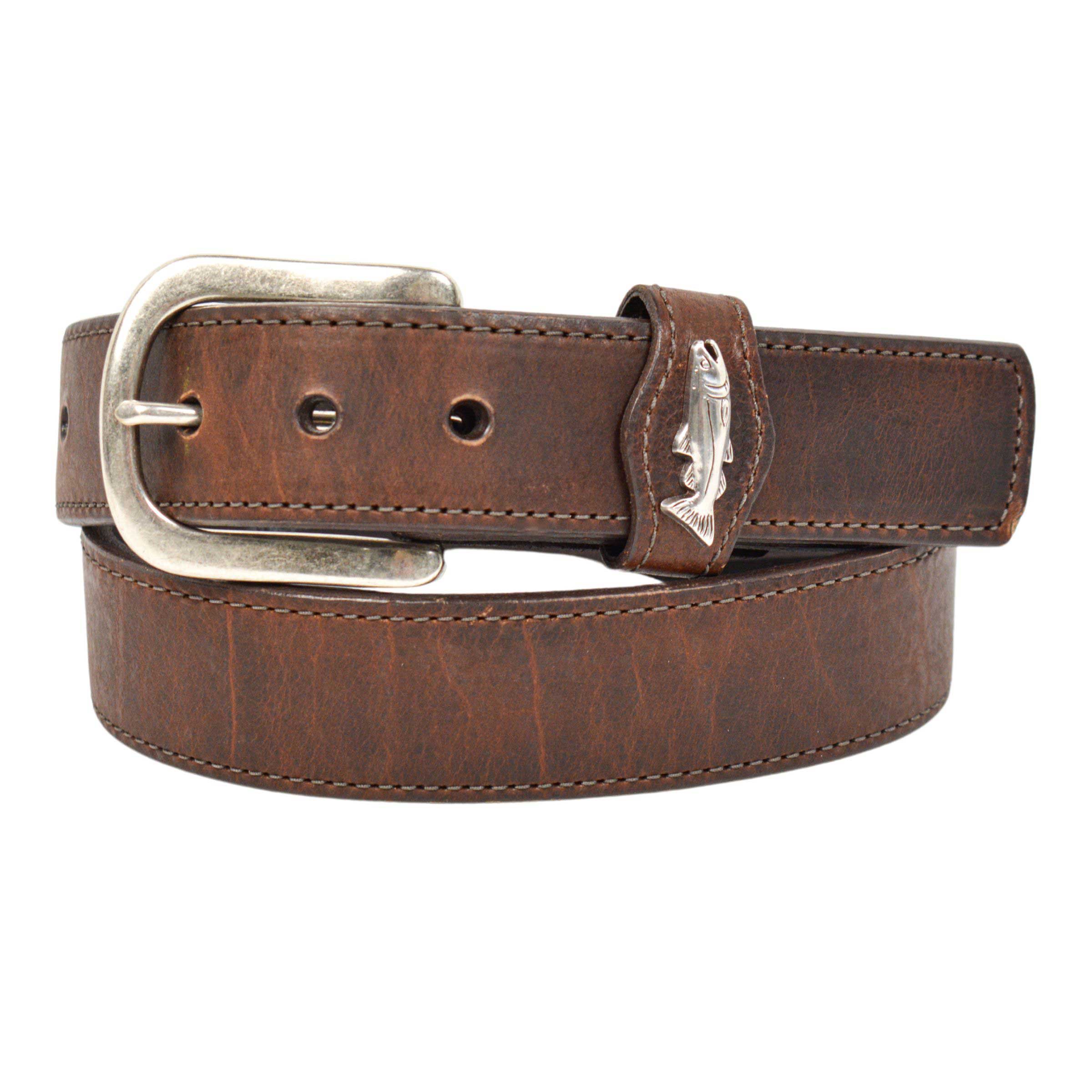 Men's brown leather belt with trout concho