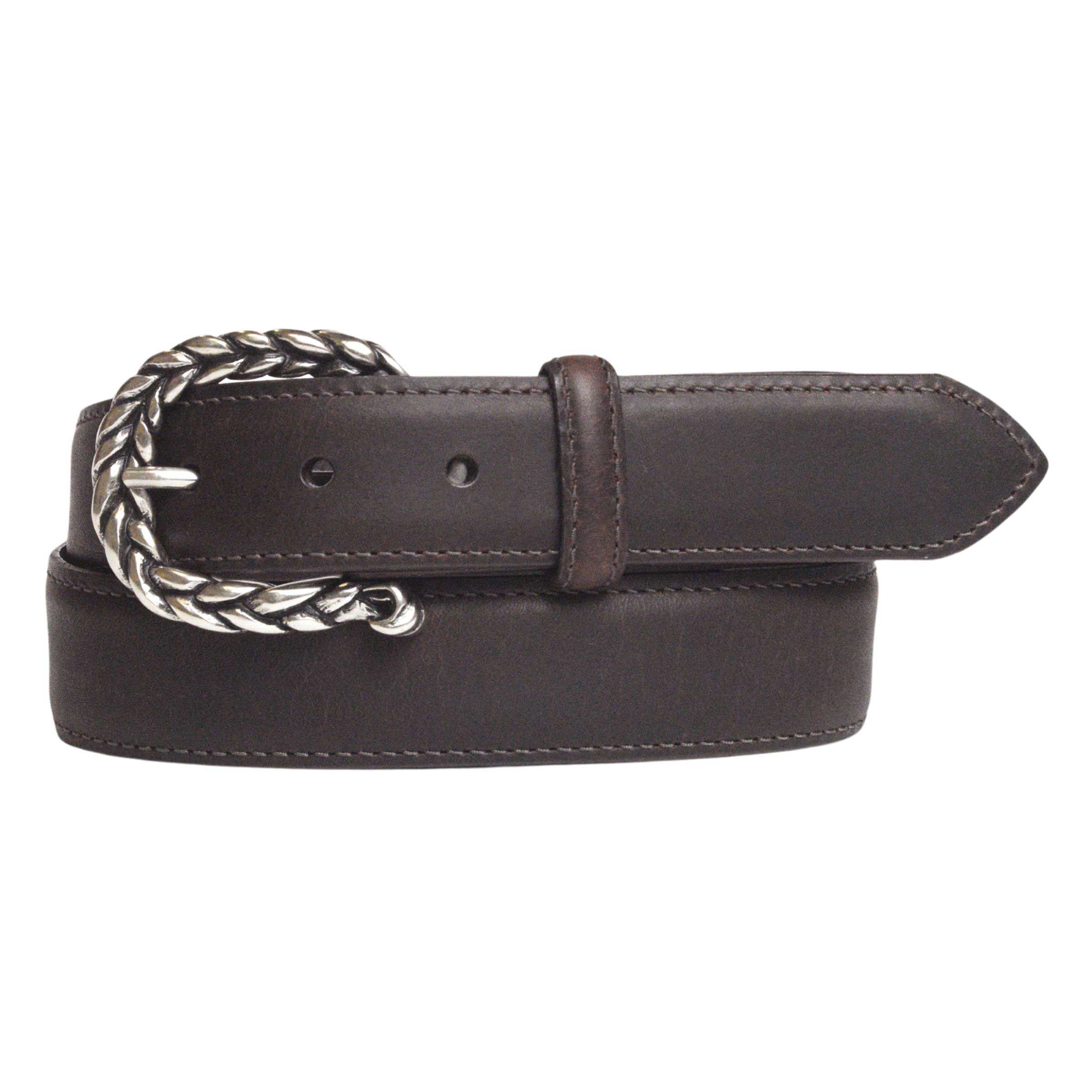 Brown bison leather women's belt with braided buckle