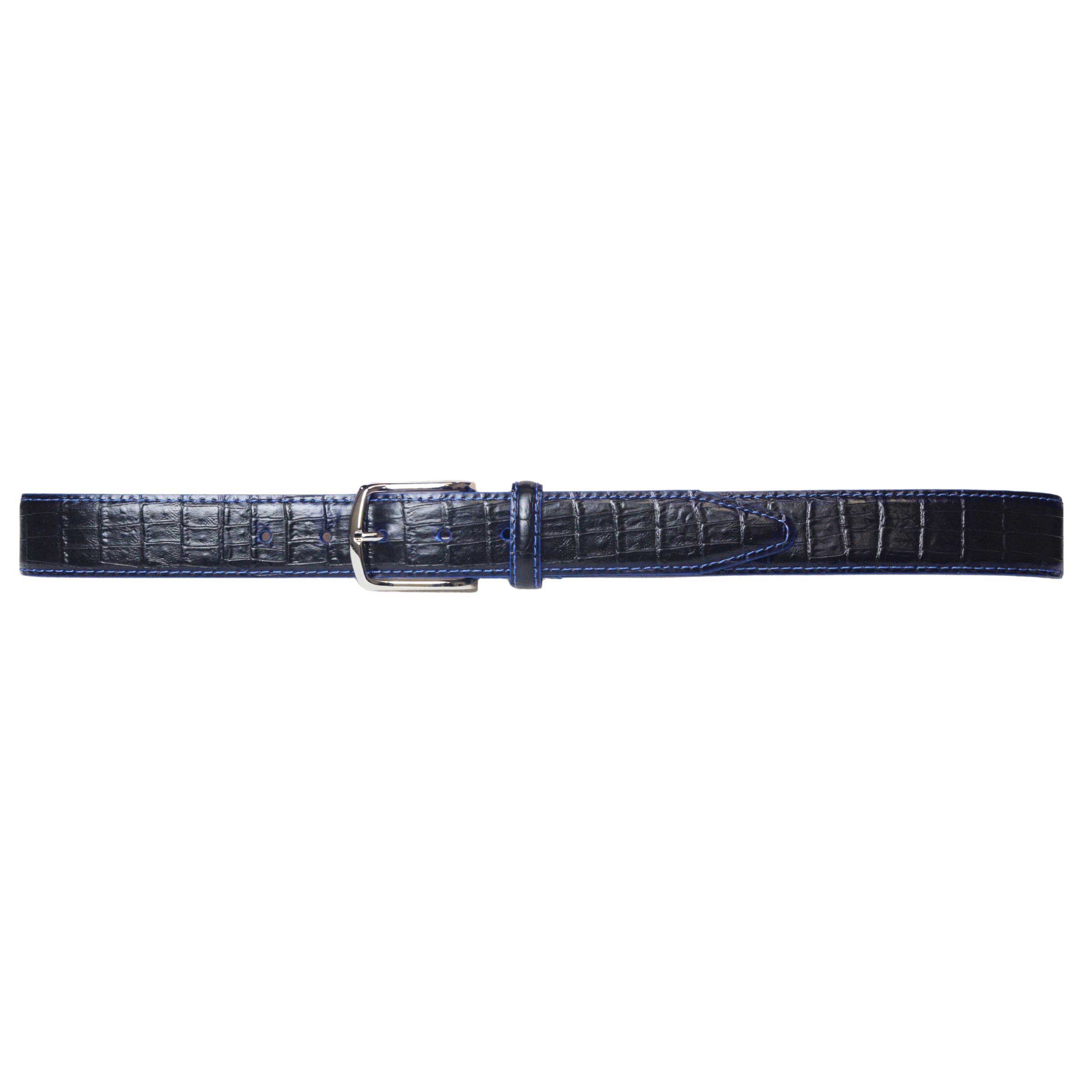 Men's black dress belt with blue stitching