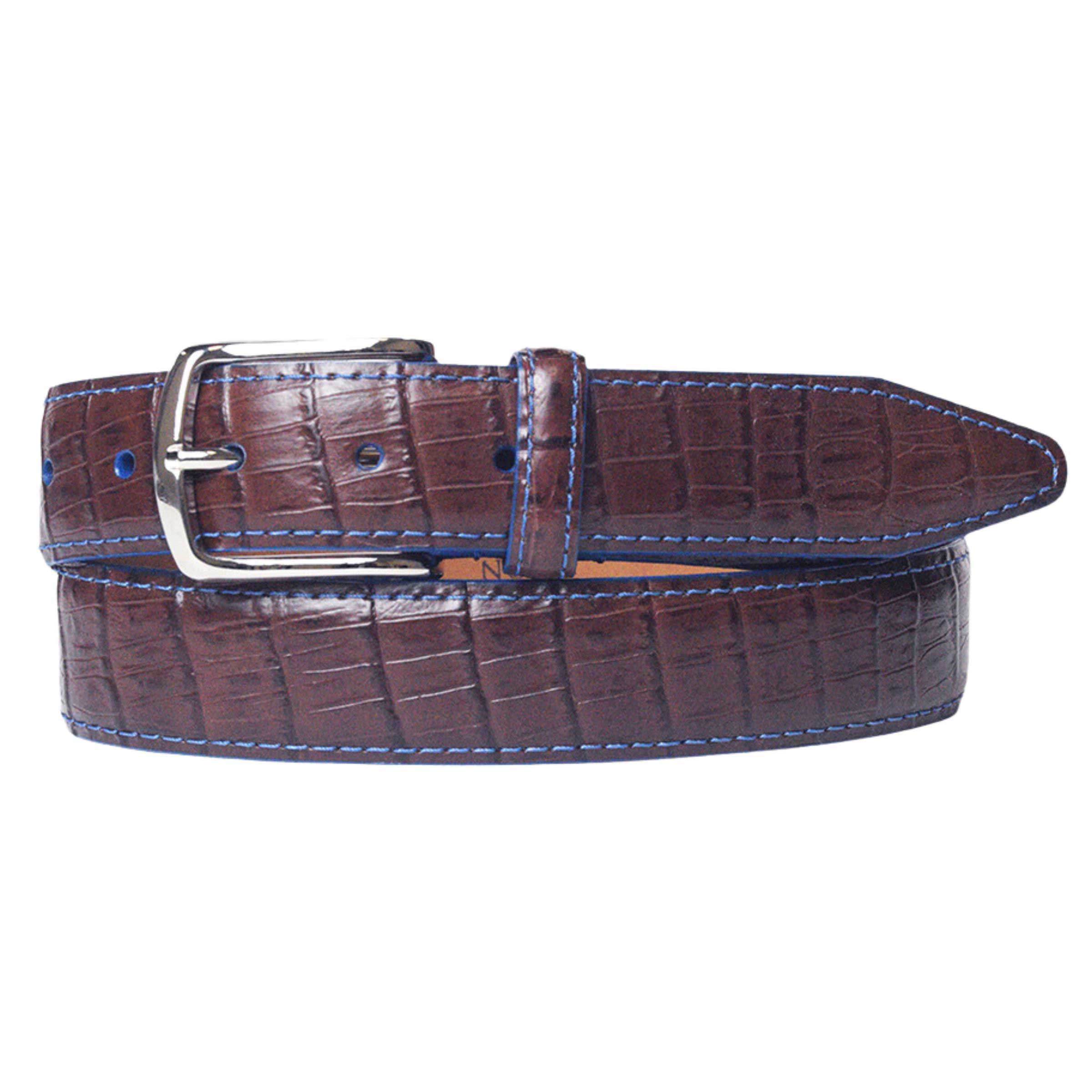 Men's brown dress belt with blue stitching