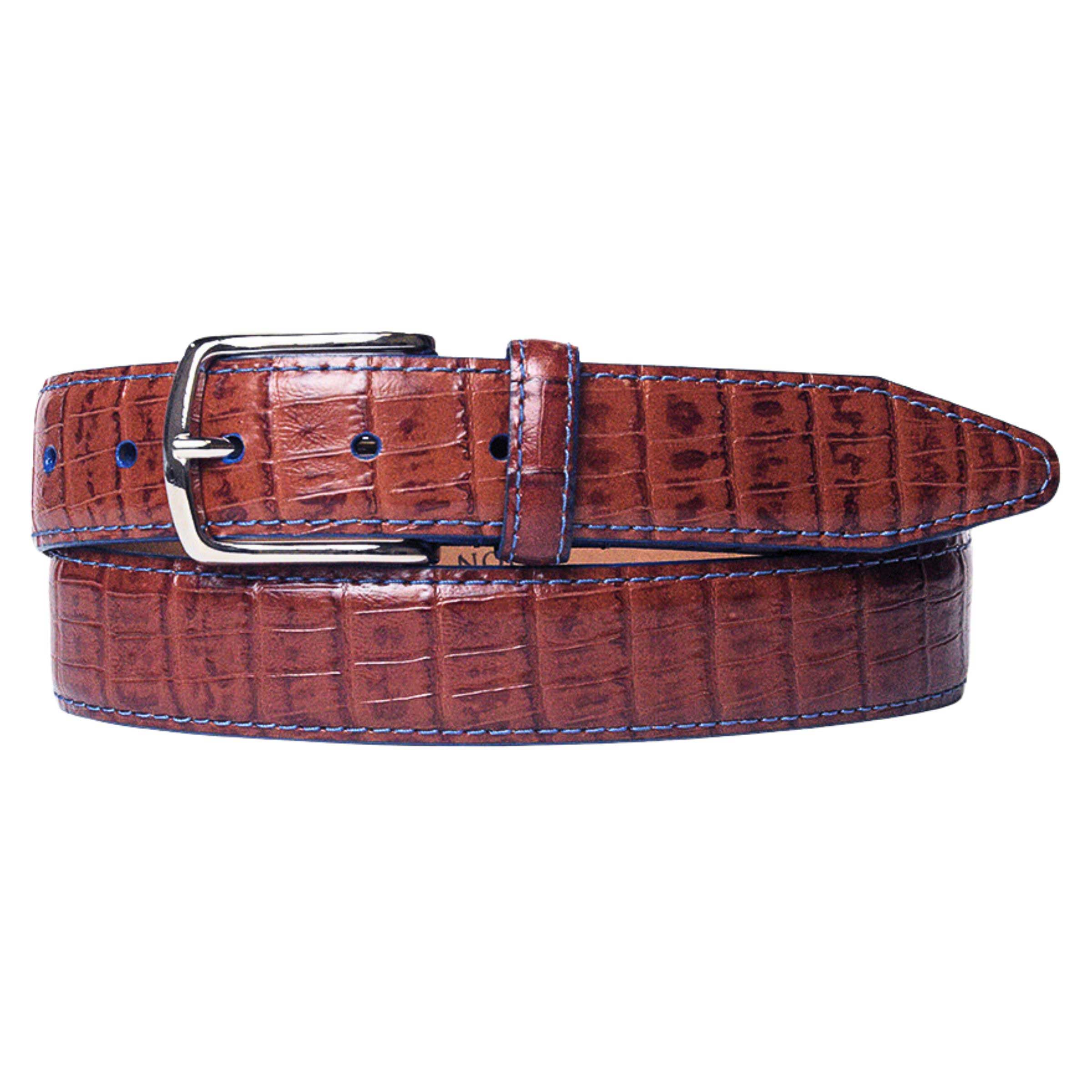 Men's tan dress belt with blue stitching