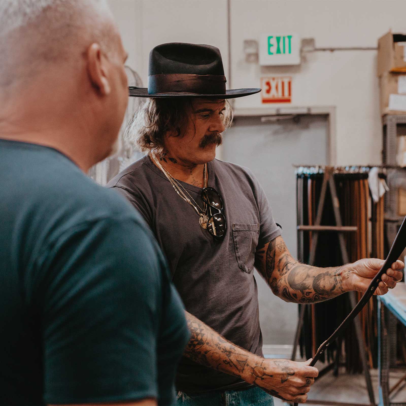 Donavon Frankenreiter checking out Belts made by Lejon